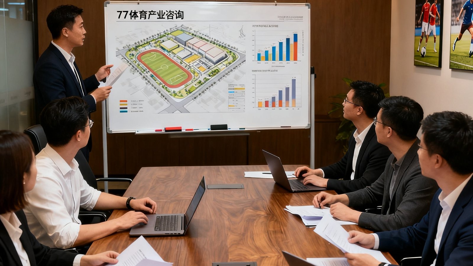77体育产业咨询团队在会议室围绕体育商业综合体规划方案进行研讨，白板上展示着项目规划图与数据分析