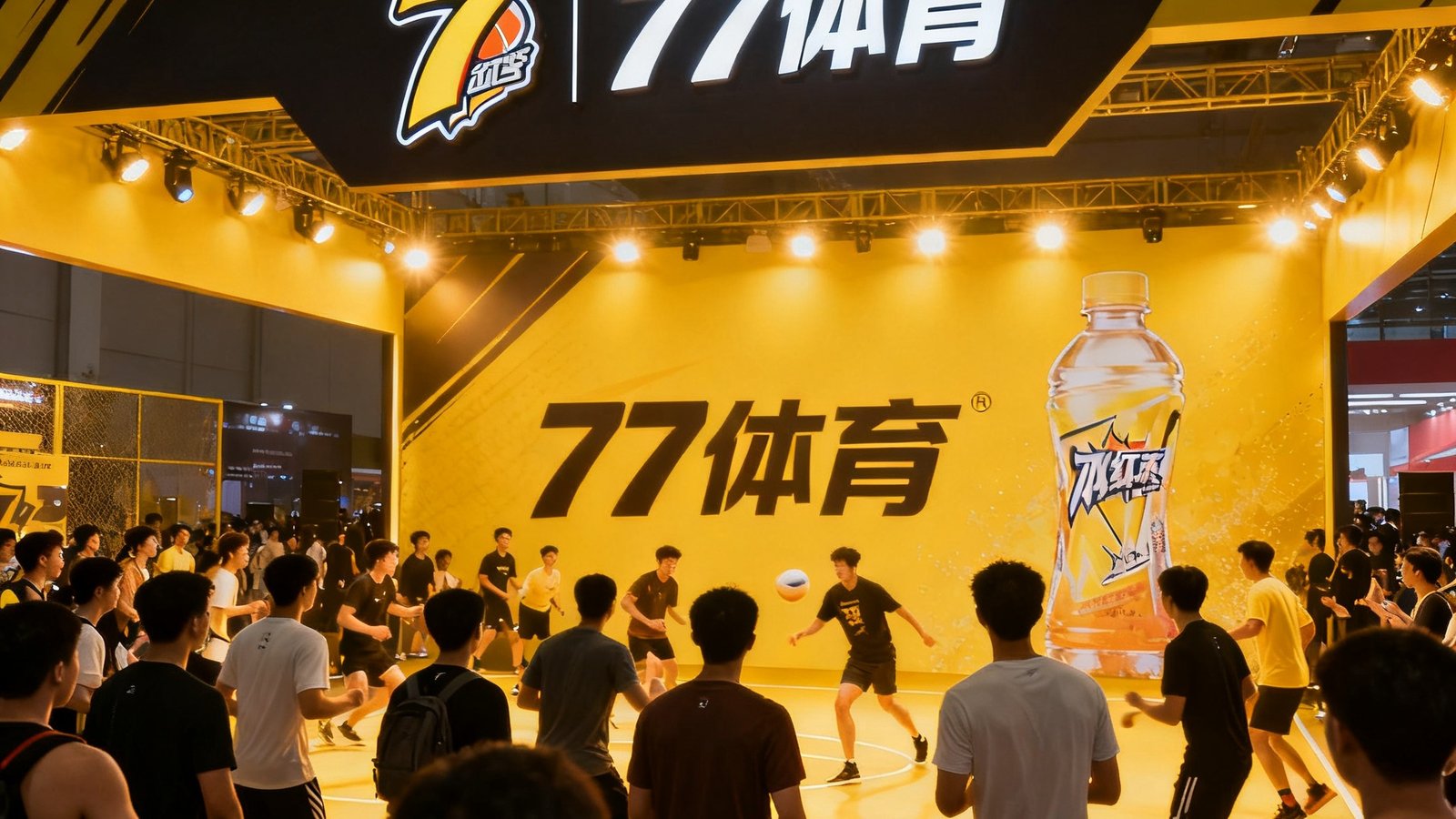77体育为某运动饮料品牌策划的体育营销活动现场，大型展区吸引大量观众互动体验，品牌标识醒目展示