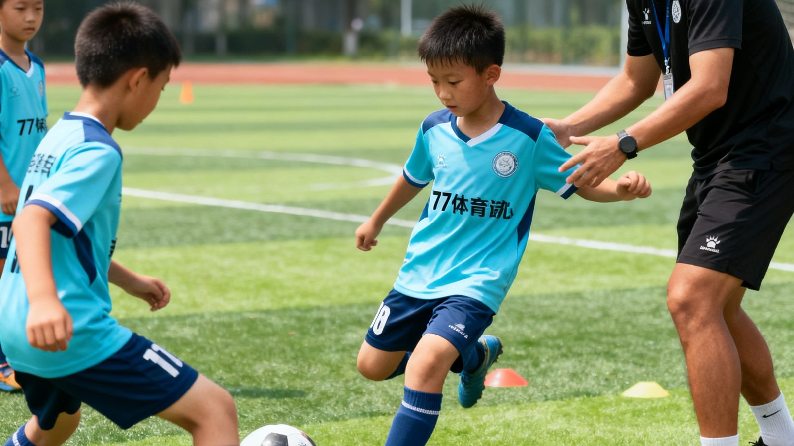 77体育培训中心的青少年足球训练营教学现场，专业教练在绿茵场上指导小学员进行足球基本功训练